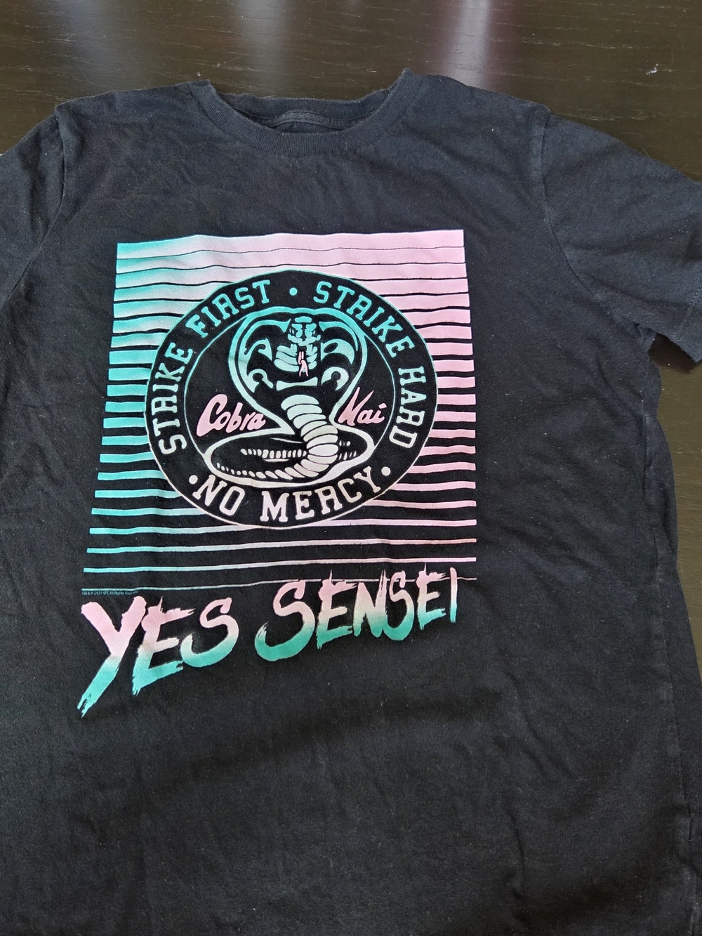 Old Navy Black Kids Tee with Pink and Teal Cobra Graphic